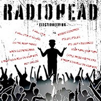 Radiohead alternative album cover of a man yelling the lyrics to electioneering by Radiohead to a group of screaming people.
